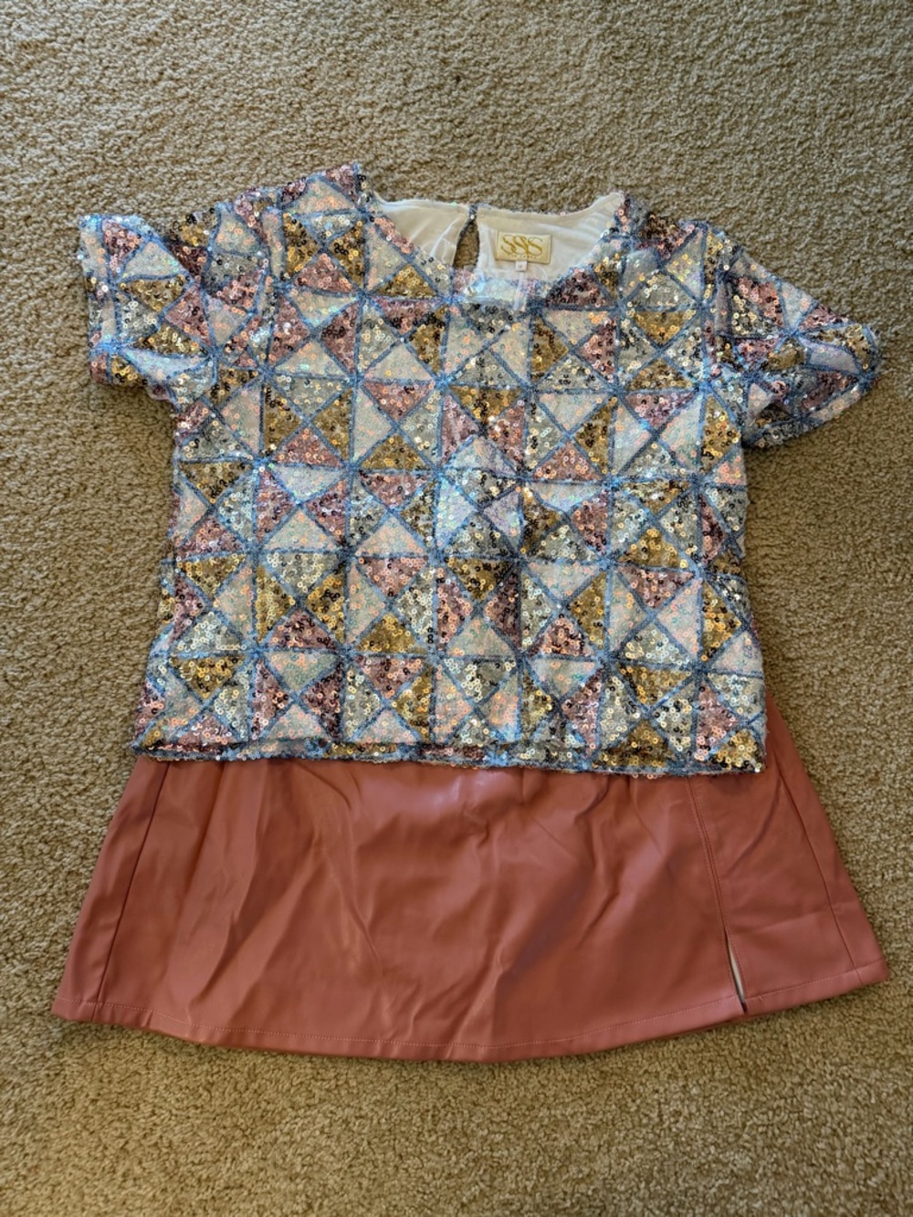Sequin Patchwork Short Sleeve Top and Rose Skort Set